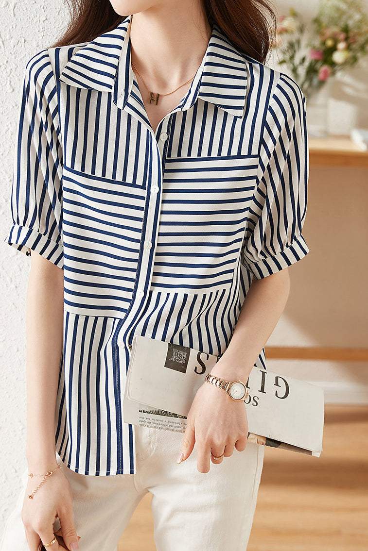 Striped Docking Gathered Short Sleeve Shirt - liwisi