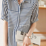 Striped Docking Gathered Short Sleeve Shirt - liwisi