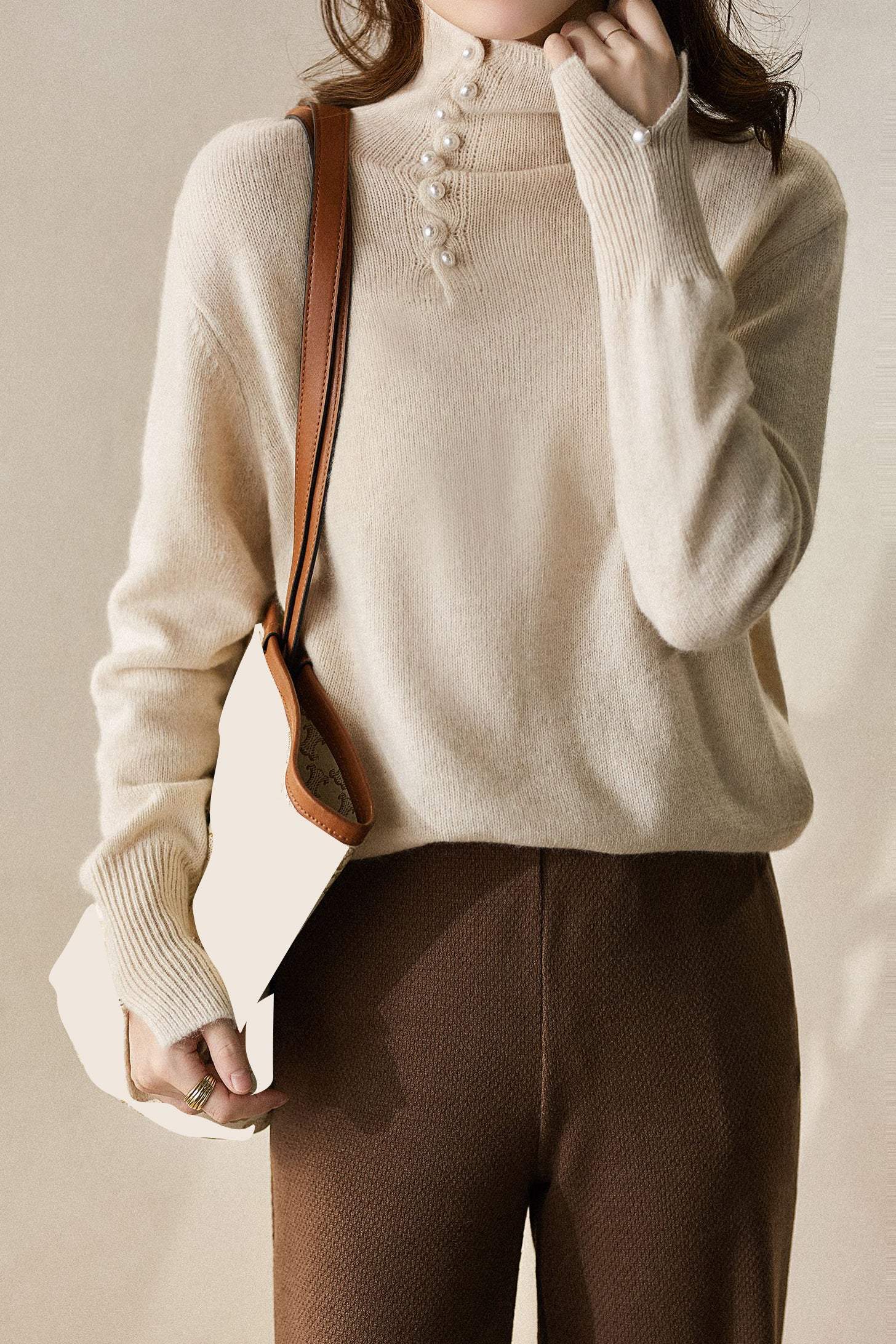 ハイネック袖スリットパール装飾ニット 4色入 - liwisi