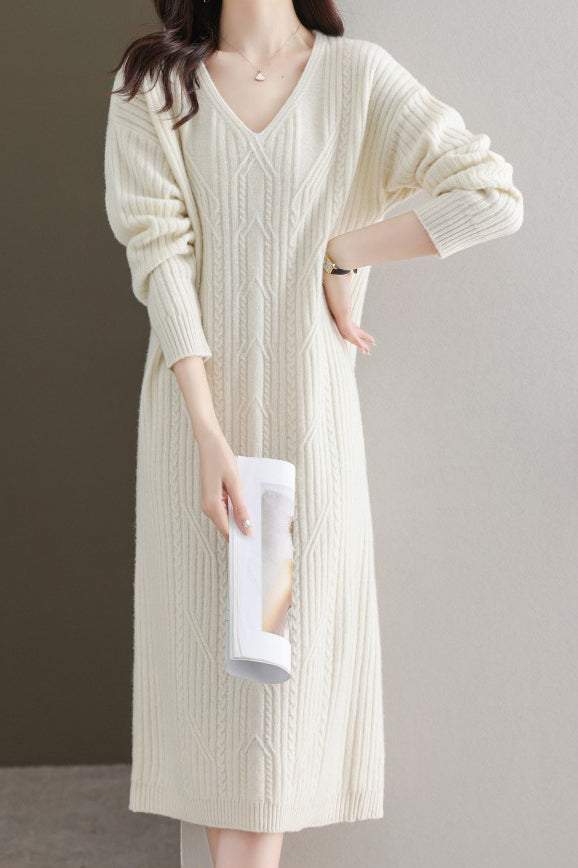 Simple and Comfortable Long Jacquard Knit Dress in 2 Colors - liwisi