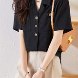 Lapel Collar Double Pocket Short Sleeve Blouse - liwisi