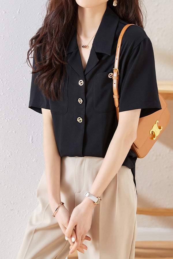 Lapel Collar Double Pocket Short Sleeve Blouse - liwisi