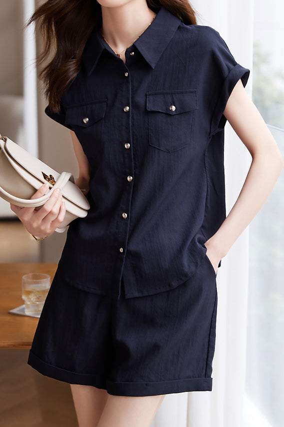 Two-piece set: Office style French sleeve shirt + tucked-in roll-up shorts