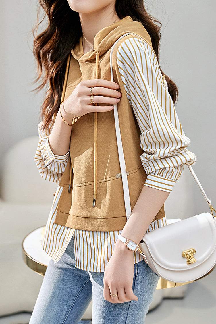 Mixed Material Striped Panel Hoodie - liwisi