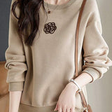 Round Neck Drop Shoulder Camellia Embroidered Sweatshirt - liwisi