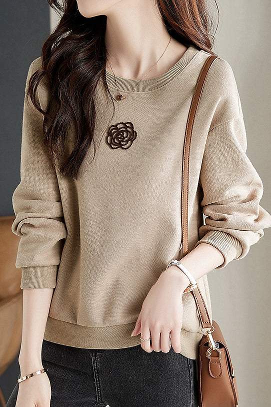 Round Neck Drop Shoulder Camellia Embroidered Sweatshirt - liwisi