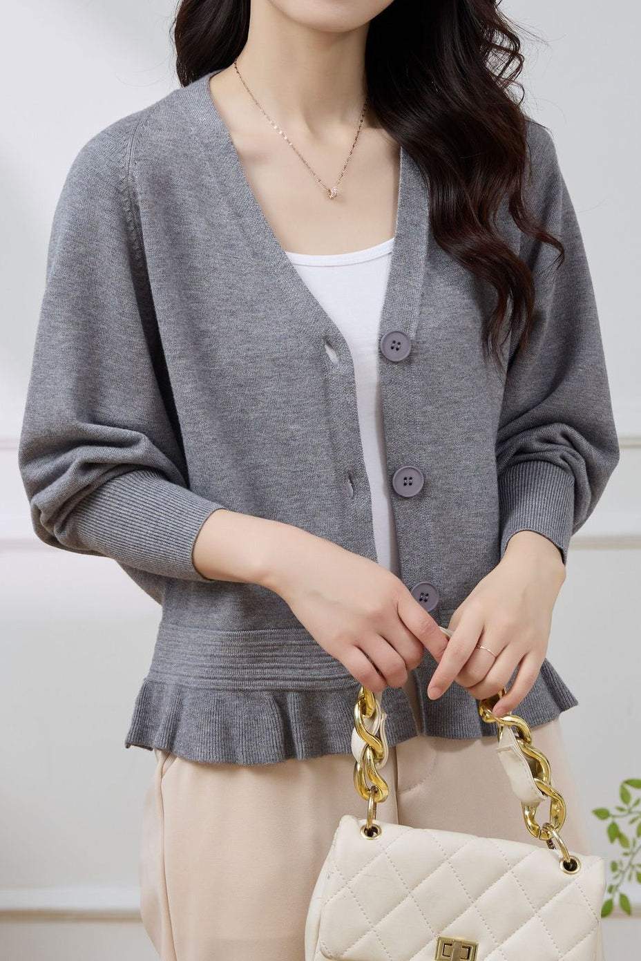 V-Neck Ruffle Hem Knit Cardigan - 4 Colors Available - liwisi