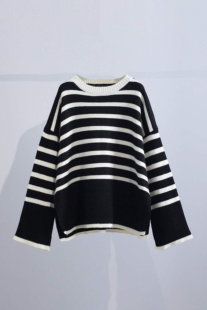 サイドスリットボーダー柄ニットトップス 2色入 - liwisi