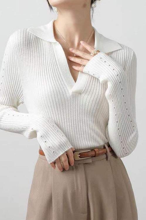 Skipper Collar Sheer Sleeve Knit Top - 5 Colors Available - liwisi