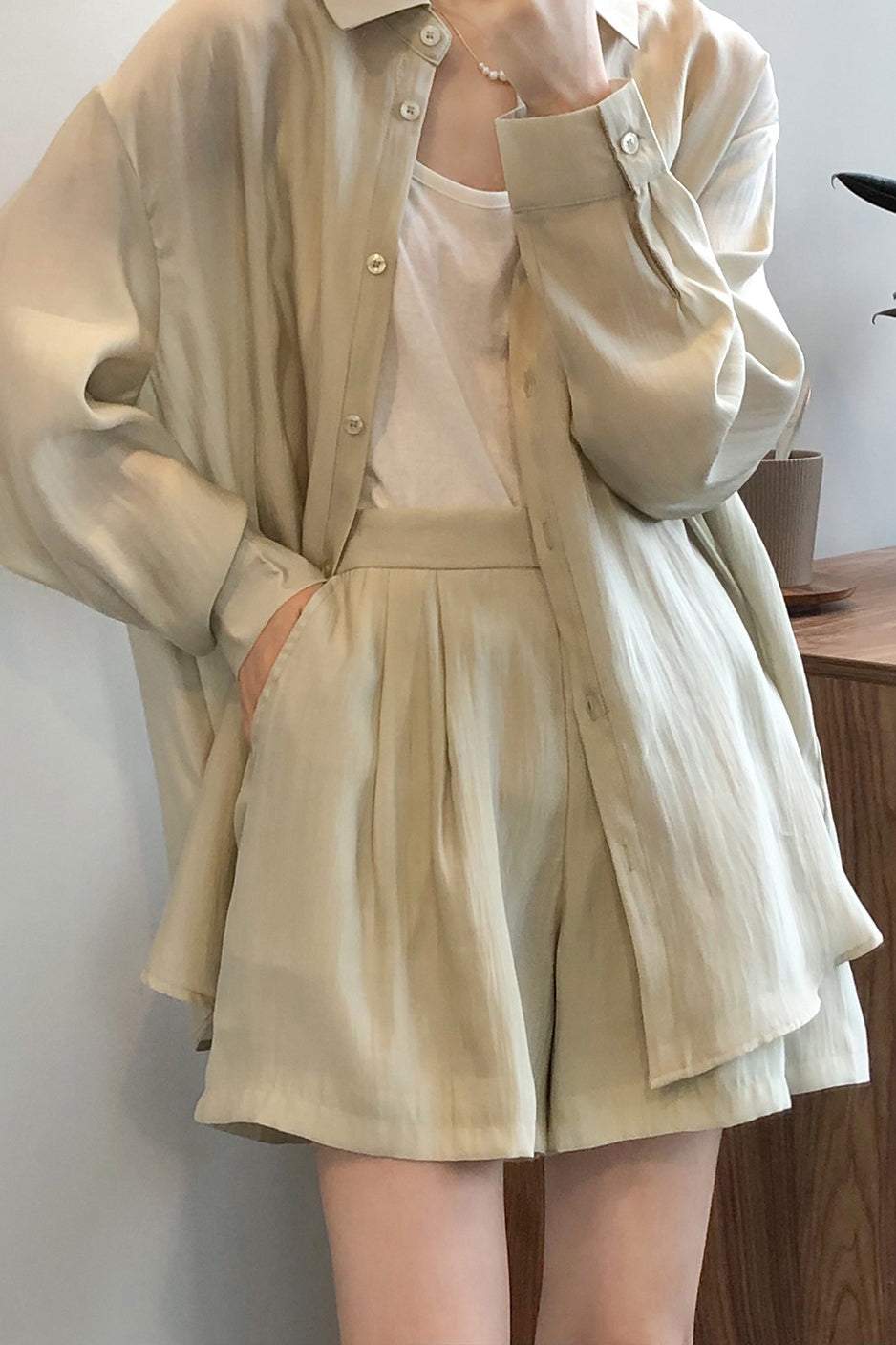 Two-Piece Set: Back Slit Sheer Shirt with Tie Belt + Front Tuck Shorts with Lining - 3 Colors Available - liwisi