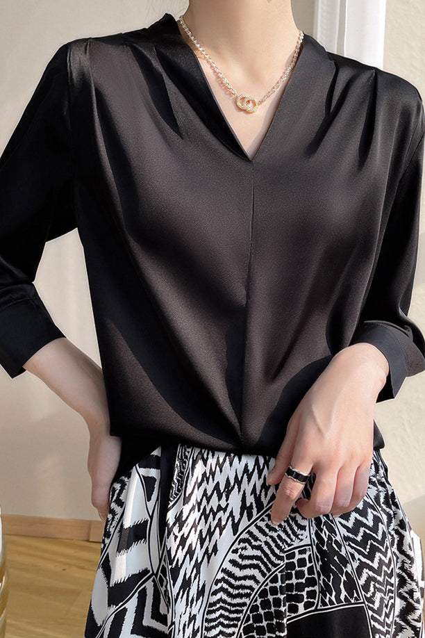 V-Neck Front Tuck Satin Blouse - 5 Colors Available - liwisi