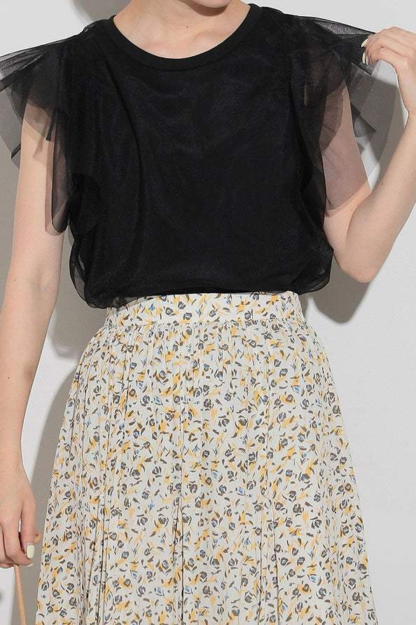 Round Neck Double Tulle Flare Sleeve T-Shirt - 2 Colors Available - liwisi