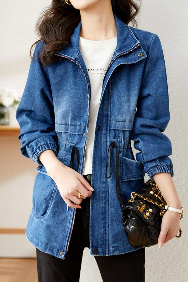 Stand Collar Zip-Up Denim Jacket - liwisi