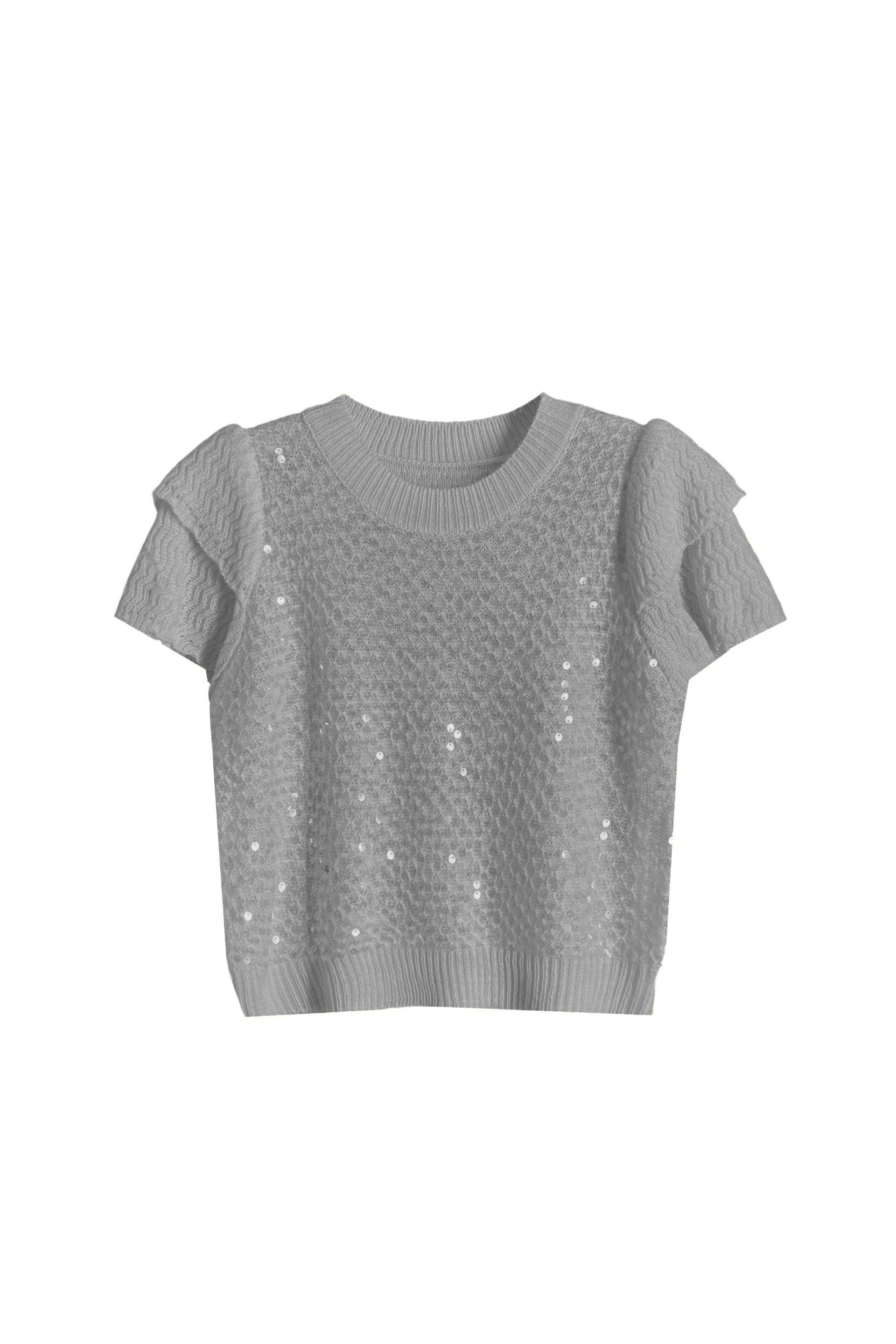 Round Neck Glitter Decor Double Sleeve Knit - 3 Colors Available - liwisi