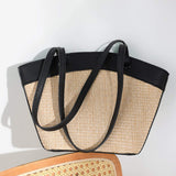 Leather Contrast Straw Shoulder Bag with Lining and Inner Bag - liwisi