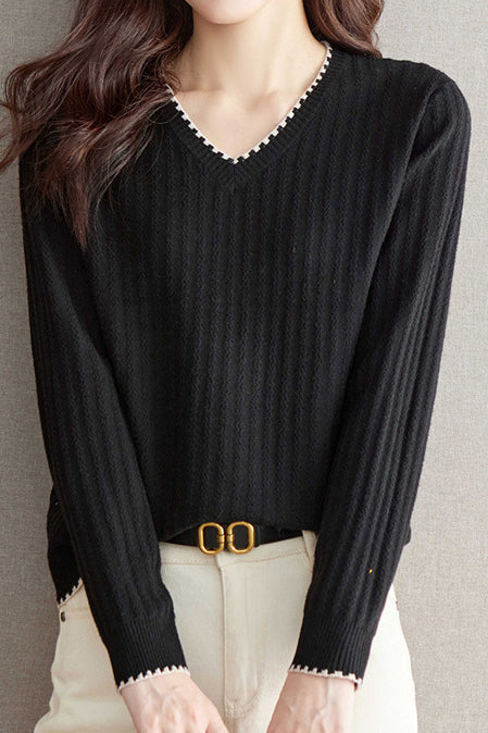 V-neck versatile ribbed knitwear - liwisi