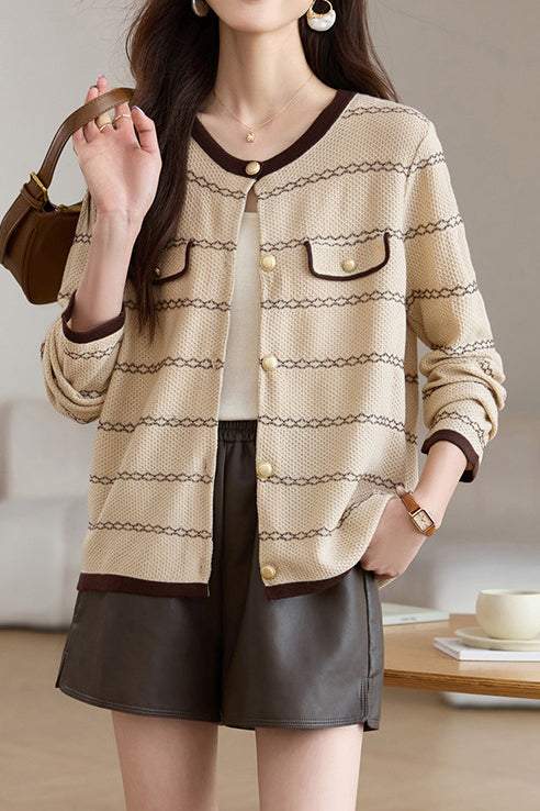 Elegant Round Neck Long Sleeve Striped Cardigan - 4 Colors Available - liwisi