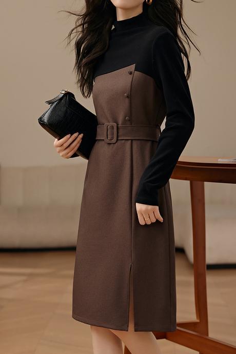 Elegant Midi-Length Long Sleeve Dress with Waist Belt - liwisi