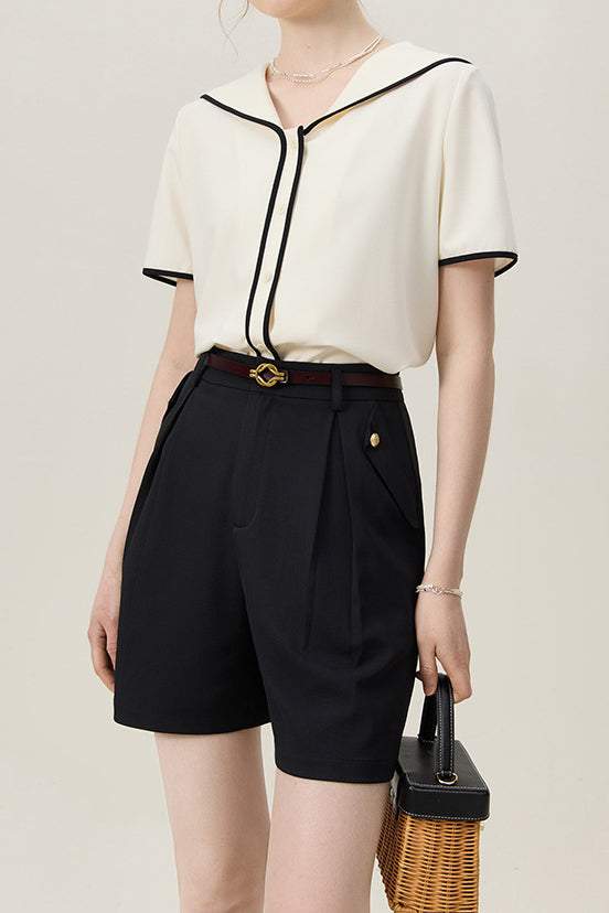 Sailor Collar Contrasting Piping Hem Sheer Blouse - liwisi