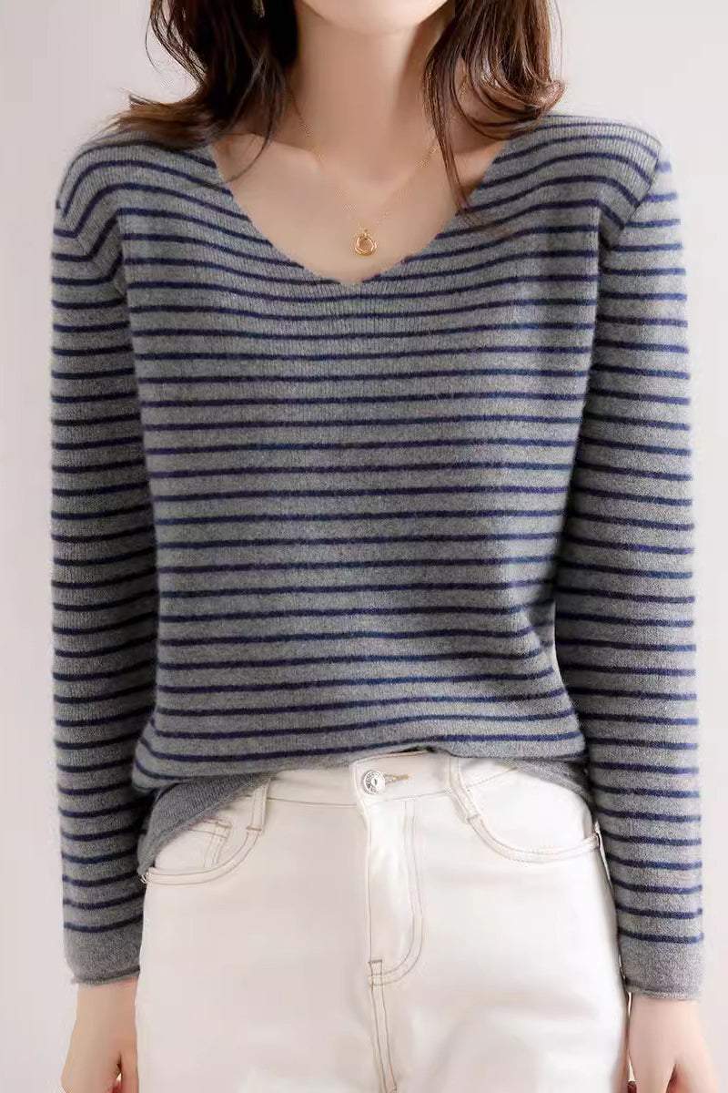 Striped Contrast V-Neck Knit Top - 6 Colors Available - liwisi