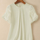 Mixed Material Round Neck Gathered Sleeve Blouse - 2 Colors Available - liwisi