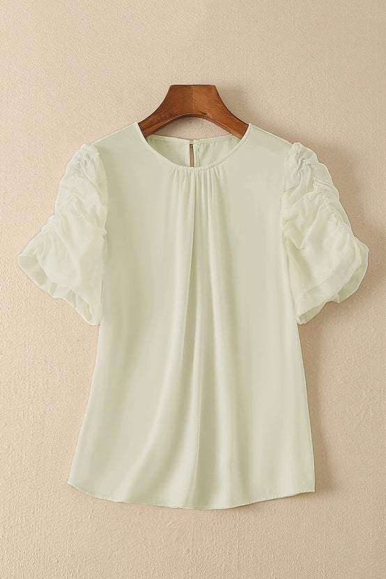 Mixed Material Round Neck Gathered Sleeve Blouse - 2 Colors Available - liwisi