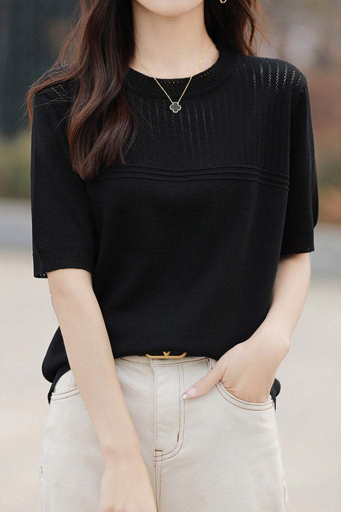 Round Neck Openwork Knit Top - 5 Colors Available - liwisi