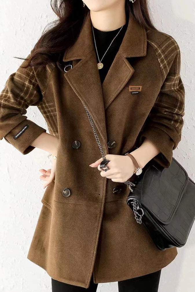 Fashionable Plaid Patchwork Wool Blend Coat - liwisi