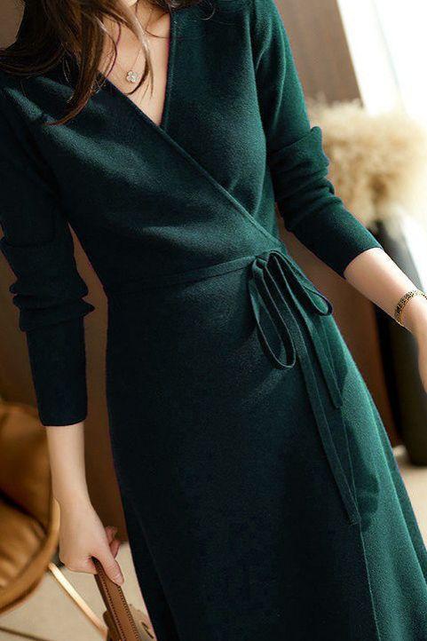 V-neck Tie-front Wrap Dress - liwisi