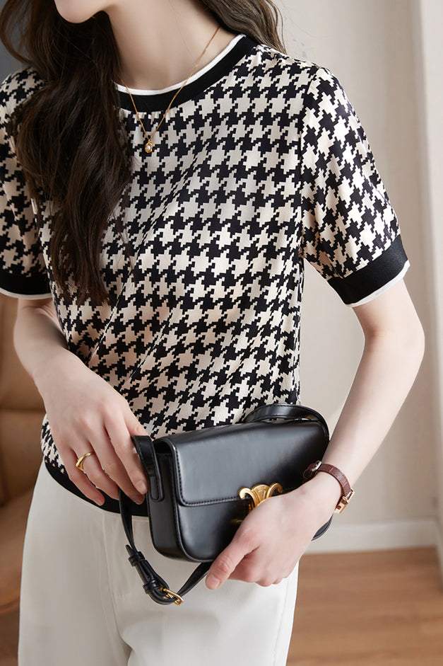 Round Neck Houndstooth Print Short Sleeve T-Shirt - liwisi