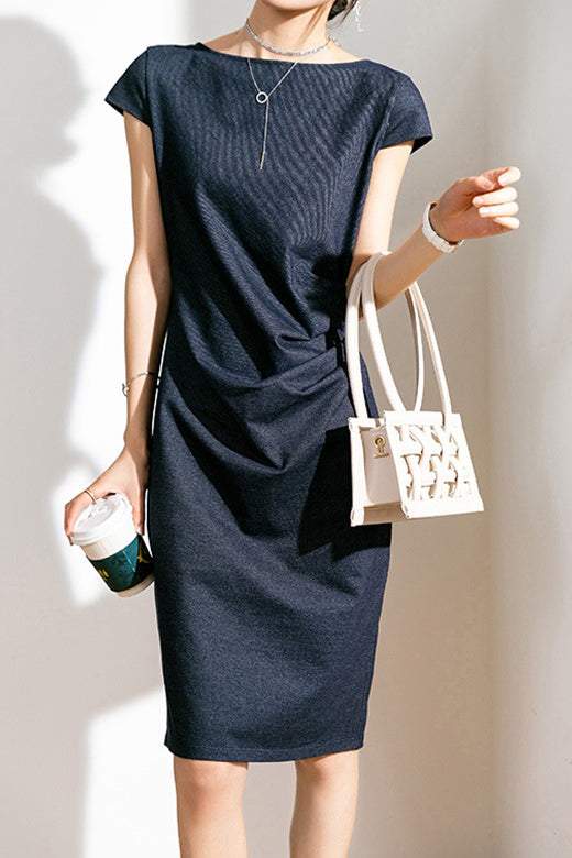 Sabrina Neck Side Gathered Dress - liwisi
