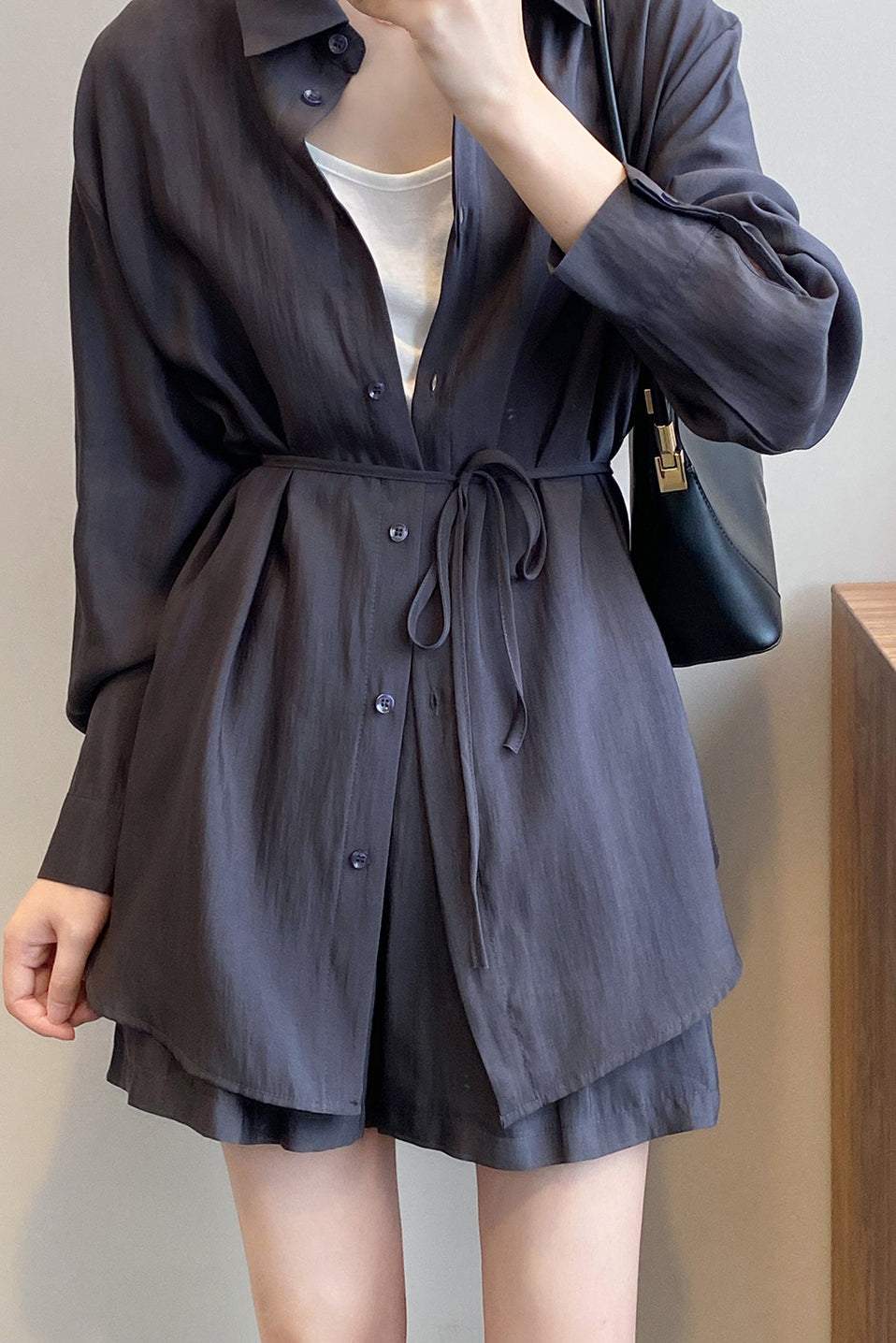 Two-Piece Set: Back Slit Sheer Shirt with Tie Belt + Front Tuck Shorts with Lining - 3 Colors Available - liwisi