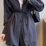 Two-Piece Set: Back Slit Sheer Shirt with Tie Belt + Front Tuck Shorts with Lining - 3 Colors Available - liwisi