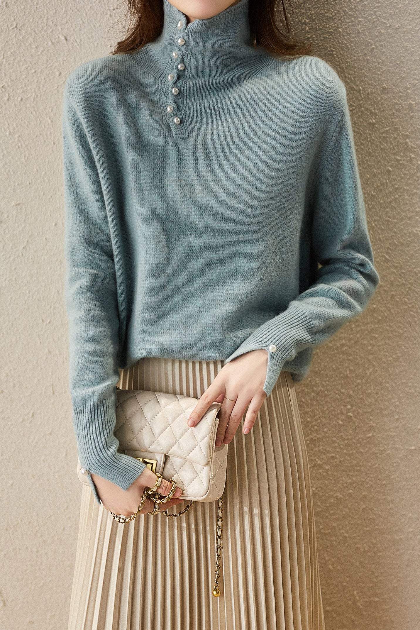 ハイネック袖スリットパール装飾ニット 4色入 - liwisi