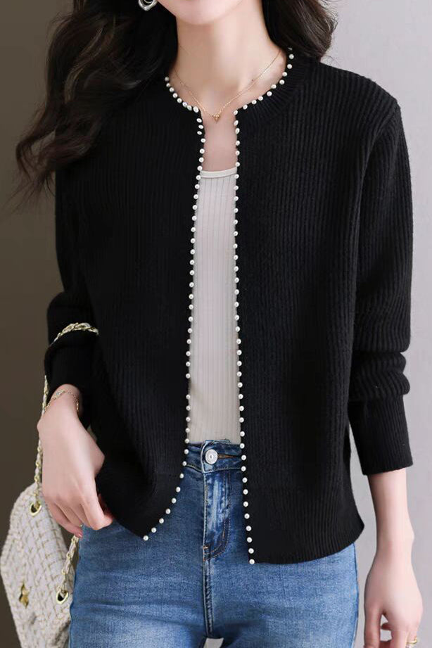 Pearl-decorated knitted sweater cardigan - liwisi