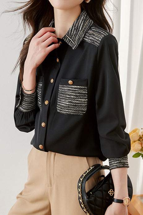 Translated Collar and Full Button Chest Pocket Elegant Color Block Shirt - liwisi