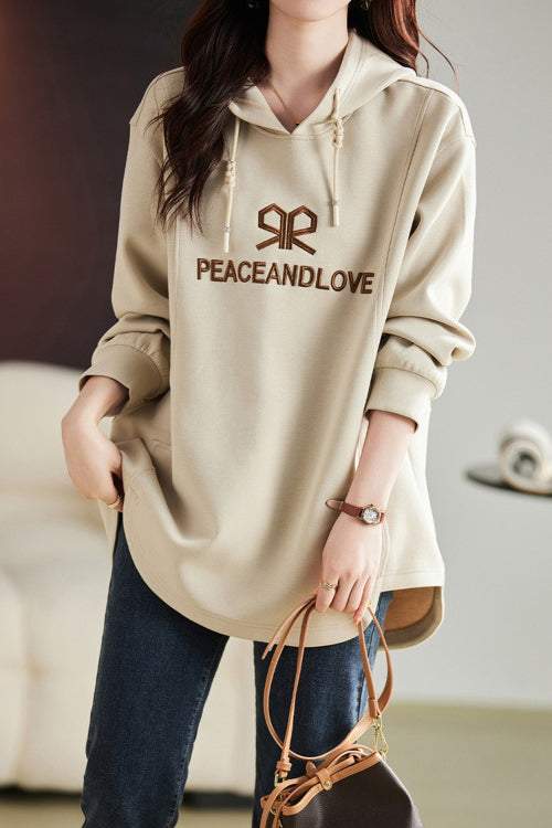 Hooded Logo Embroidery Drop Shoulder Hoodie - liwisi