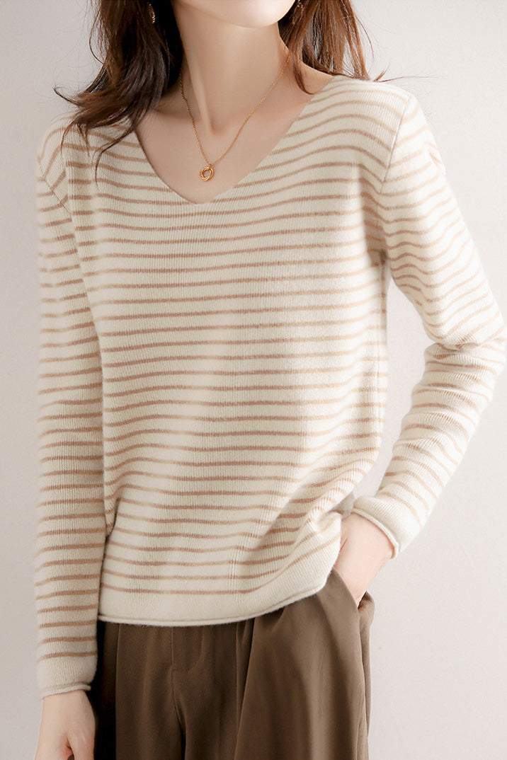 Striped Contrast V-Neck Knit Top - 6 Colors Available - liwisi