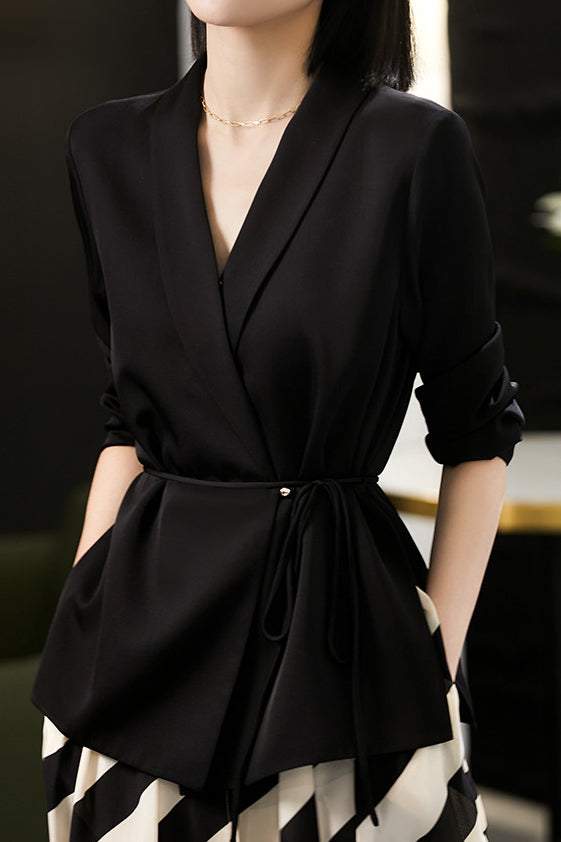 Shawl Collar Tie Belted Tailored Jacket - 3 Colors Available - liwisi