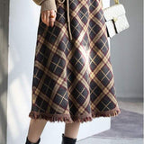 Two-Piece Set: Turtle Neck Side Lace-Up Knit + Fringe Decor Check Pattern Long Knit Skirt - 2 Colors Available - liwisi