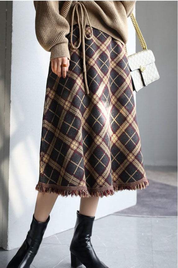 Two-Piece Set: Turtle Neck Side Lace-Up Knit + Fringe Decor Check Pattern Long Knit Skirt - 2 Colors Available - liwisi