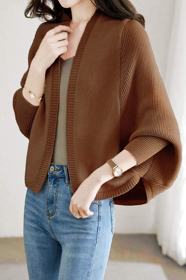 Plain Batwing Sleeve Hooded Knit Cardigan - liwisi