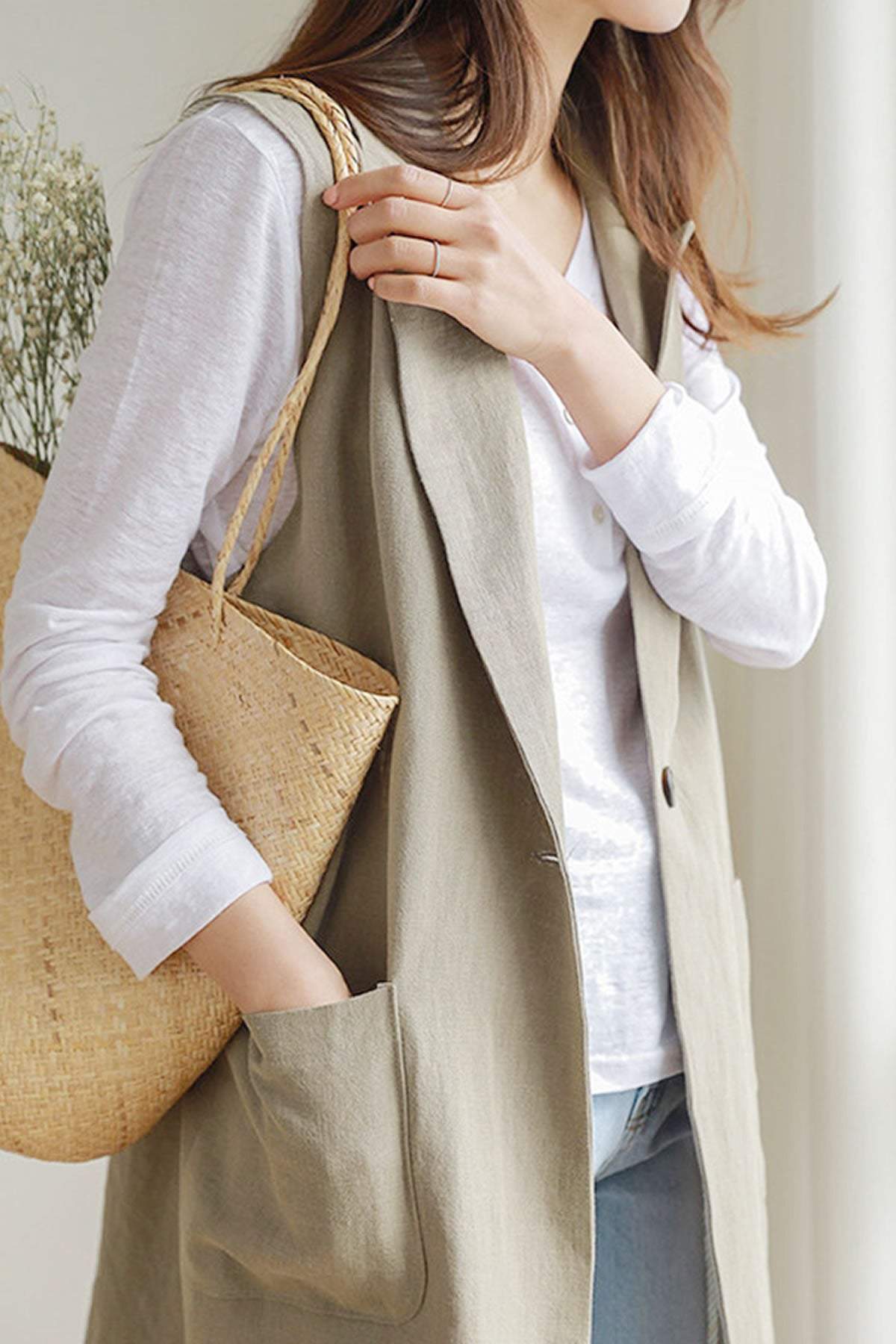 Notch Lapel Color Side Slit Linen Gilet - 3 Colors Available - liwisi