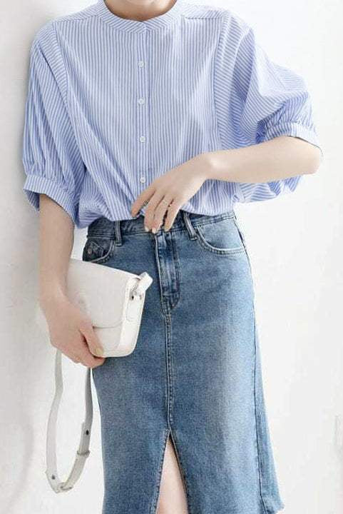 Band Collar Striped Puff Blouse - 2 Colors Available - liwisi