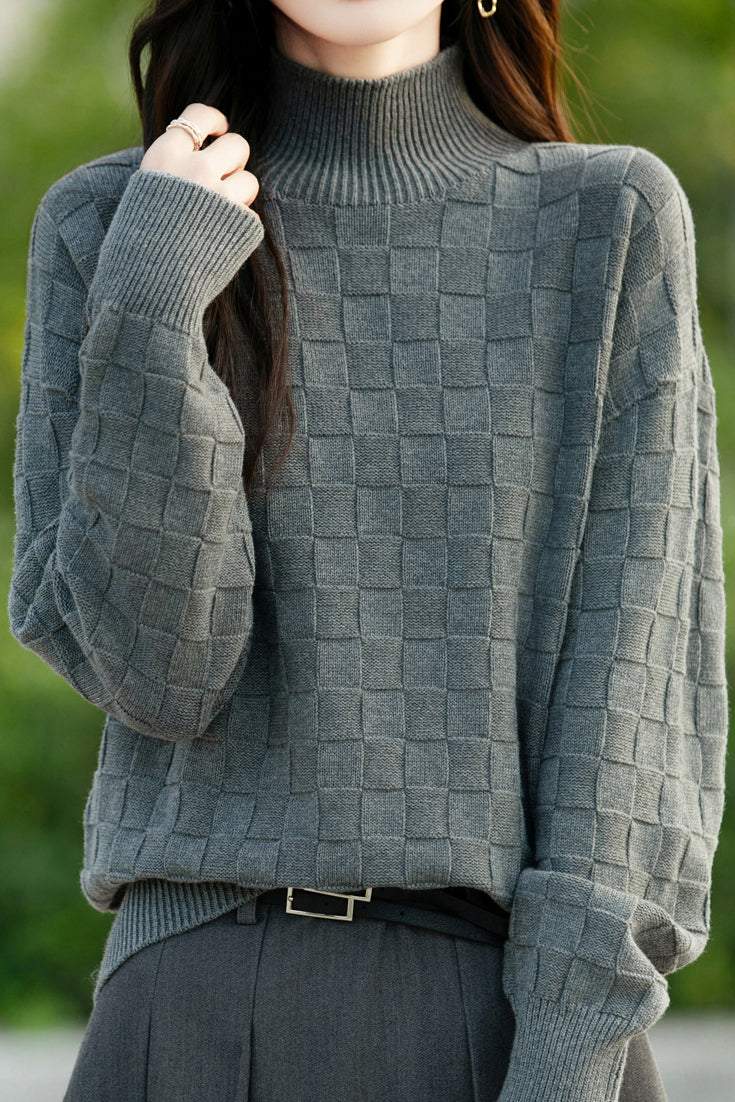 Half turtleneck solid-color sweater with square decorations - liwisi
