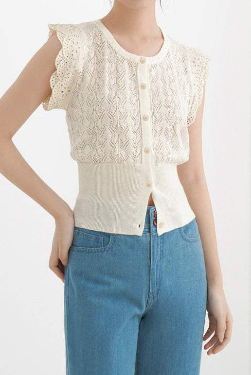 Round Neck Openwork Scalloped Sleeve Knit - liwisi