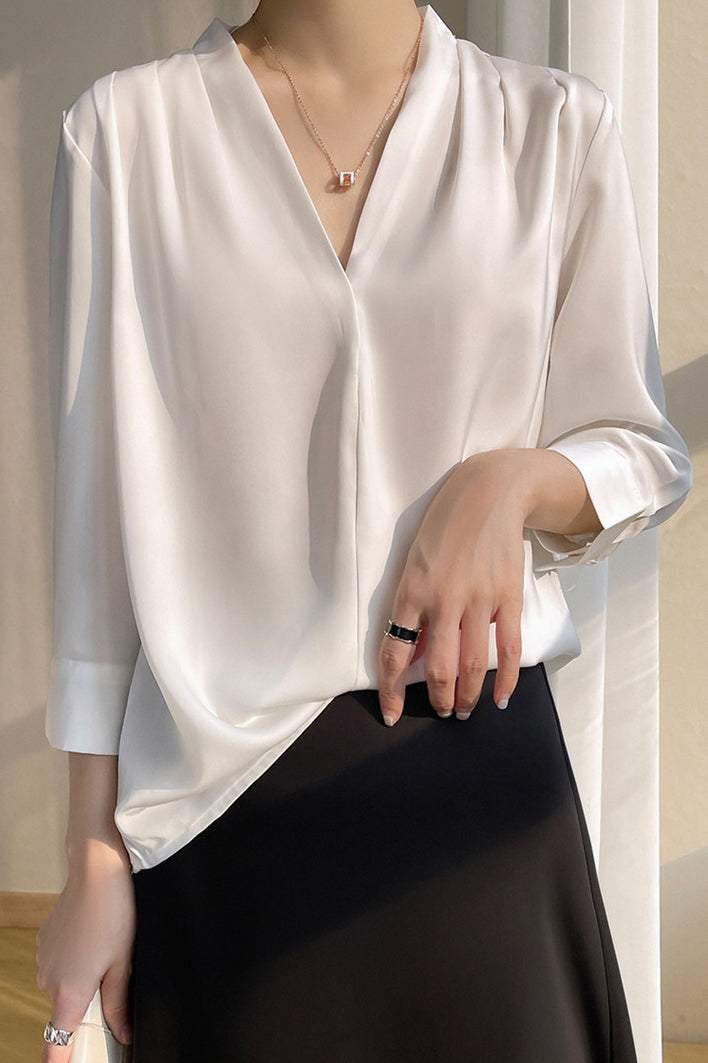 V-Neck Front Tuck Satin Blouse - 5 Colors Available - liwisi