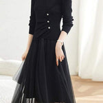 Two-Piece Set: V-Neck Button Decor Simple Knit + Tulle Long Flare Skirt with Lining - 2 Colors Available - liwisi