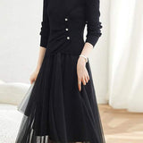 Two-Piece Set: V-Neck Button Decor Simple Knit + Tulle Long Flare Skirt with Lining - 2 Colors Available - liwisi