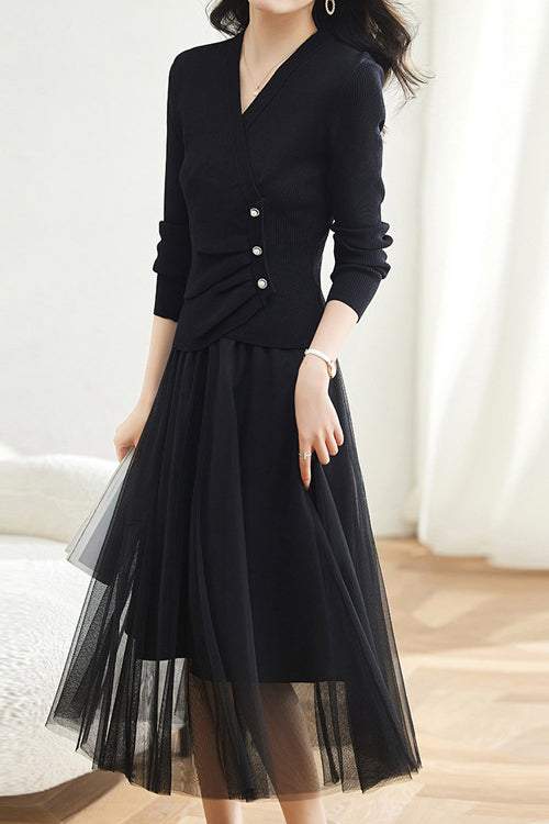 Two-Piece Set: V-Neck Button Decor Simple Knit + Tulle Long Flare Skirt with Lining - 2 Colors Available - liwisi